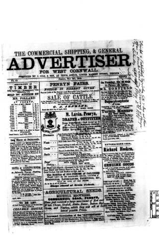 cover page of Commercial, Shipping & General Advertiser for West Cornwall published on May 2, 1868