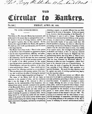 cover page of Bankers' Circular published on April 26, 1833