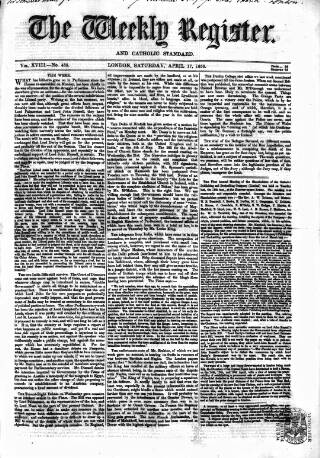 cover page of Weekly Register and Catholic Standard published on April 17, 1858