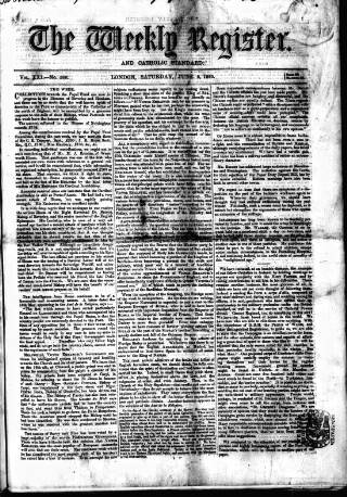 cover page of Weekly Register and Catholic Standard published on June 2, 1860