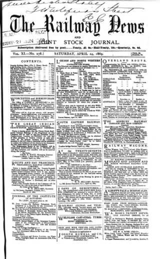 cover page of Railway News published on April 24, 1869