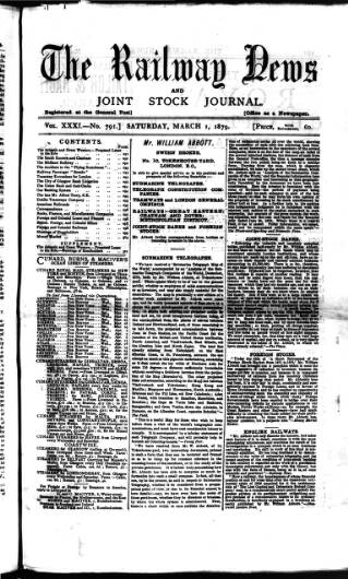 cover page of Railway News published on March 1, 1879