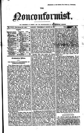 cover page of Nonconformist published on March 29, 1871