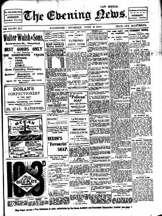 cover page of Evening News (Waterford) published on June 2, 1910