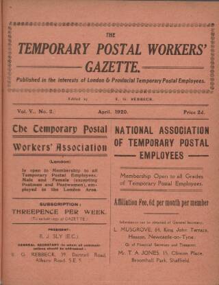 cover page of Temporary Postal Workers' Gazette published on April 1, 1920