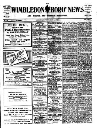 cover page of Wimbledon News published on May 8, 1915