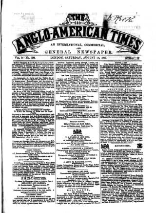 cover page of Anglo-American Times published on August 14, 1869