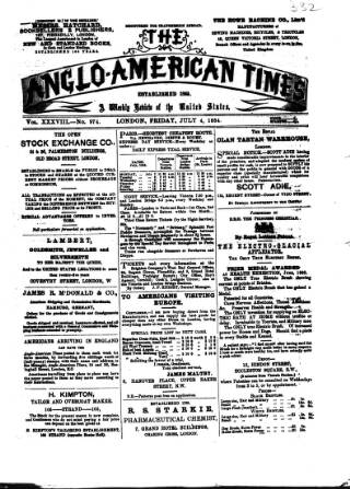 cover page of Anglo-American Times published on July 4, 1884