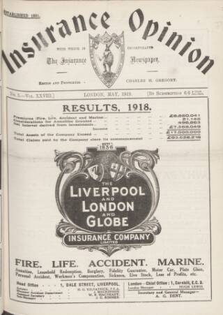 cover page of Insurance Opinion published on May 1, 1919