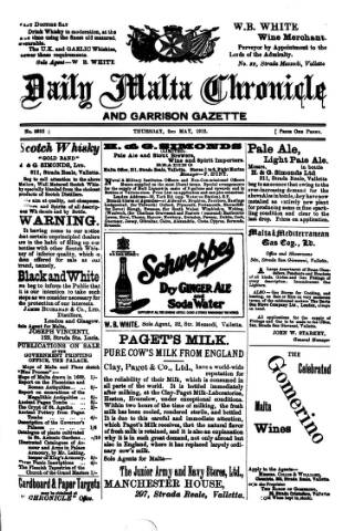 cover page of Daily Malta Chronicle and Garrison Gazette published on May 2, 1912