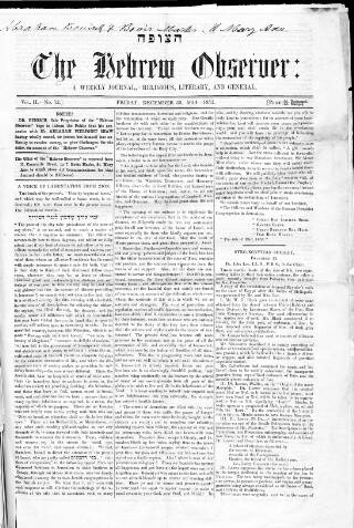 cover page of Hebrew Observer published on December 30, 1853