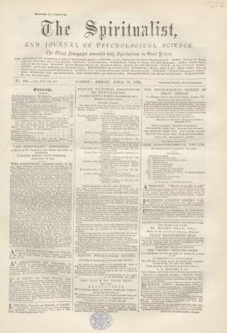 cover page of Spiritualist published on April 19, 1878