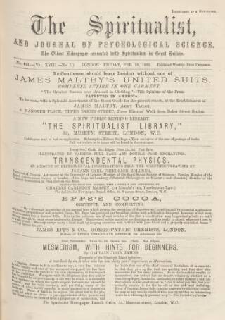 cover page of Spiritualist published on February 18, 1881
