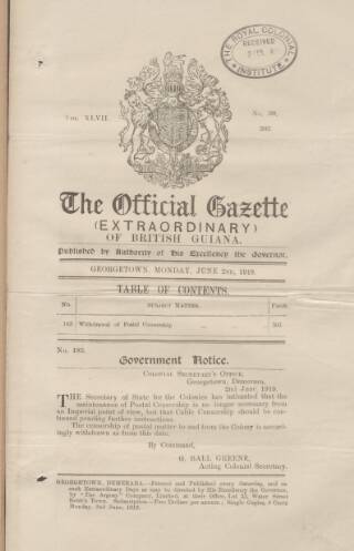 cover page of Official Gazette of British Guiana published on June 2, 1919