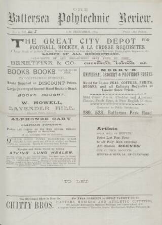cover page of Battersea Polytechnic Review published on December 15, 1894