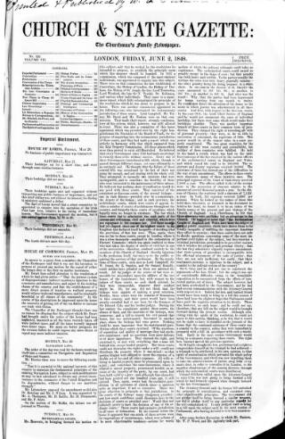cover page of Church & State Gazette (London) published on June 2, 1848