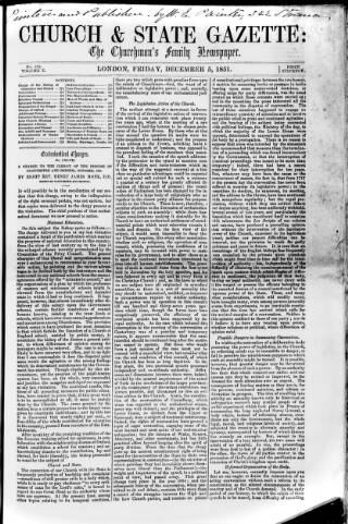 cover page of Church & State Gazette (London) published on December 5, 1851