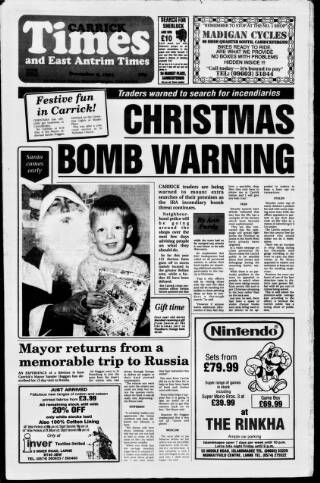 cover page of Carrick Times and East Antrim Times published on December 5, 1991