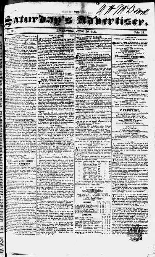 cover page of Liverpool Saturday's Advertiser published on June 30, 1832