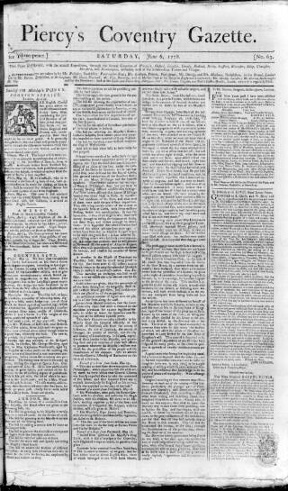 cover page of Piercy's Coventry Gazette published on June 6, 1778